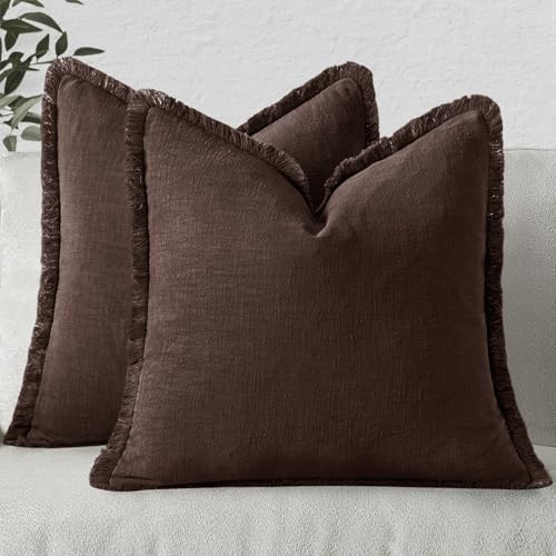 Linen Fringe Decorative Fall Throw Pillow Covers Dark Brown 20x20 (20" x 20" (Pack of 2) / Dark Brown)
