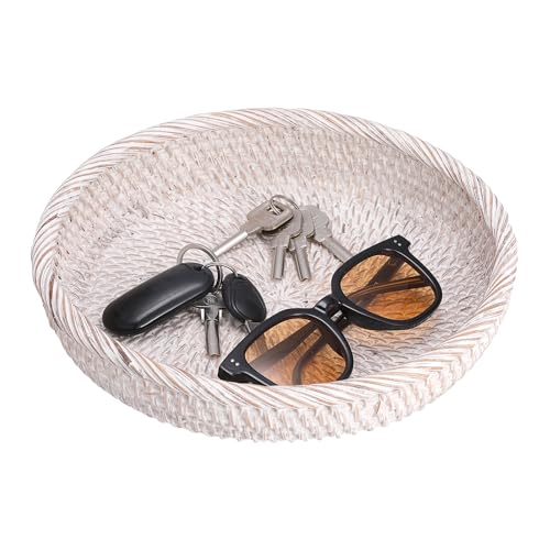 Key Basket Bowl for Entryway 10" Round Woven Wicker Serving Tray (Medium, 9.9" / Whitewash)