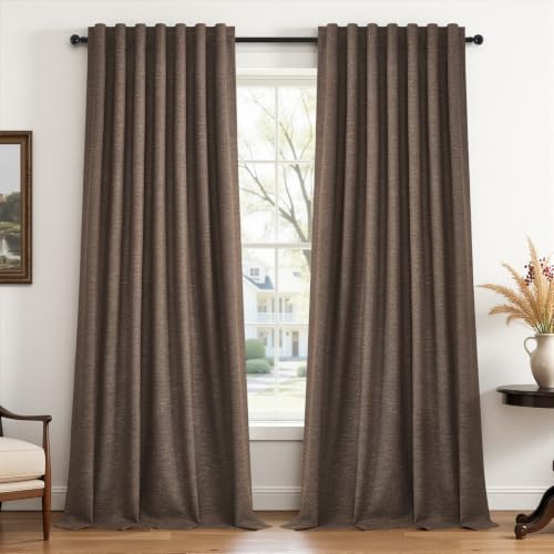 102 Inch Length Linen Blackout Bedroom Curtains Dark Brown Back Tab Pleat Curtains for Living Room 100% Black Out Drapes Thermal Insulated Floor Ceiling Boho Farmhouse Window Drapes 2 Panels Taupe (Dark Brown / 52"W x 102"L (Pack of 2))