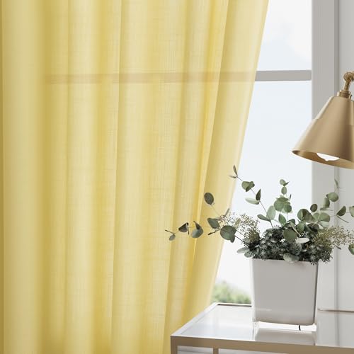 Yellow Linen Textured 96 Inch Curtains 2 Panel Set Back Tab Rod Pocket Sheer Light Filtering Boho Room Decor Aesthetic Curtain Burlap Look Curtain Drapes for Living Room Bedroom 8Ft 52x96 Inch (52"W x 96"L (Pack of 2) / Yellow)