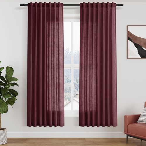 Burgundy Linen Curtains 72 Inch Length for Living Room Semi Sheer Light Filtering Door Drapes 2 Panels Set for Kids Bedroom Light Filtering Back Tab Rod Pocket Modern Farmhouse Decor 52x72 (52"W x 72"L (Pack of 2) / Burgundy)