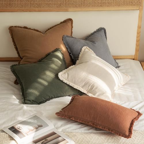 Boho Linen Fringe Decorative Throw Pillow Covers Olive Green 16x16 (16" x 16" (Pack of 2) / Olive Green)