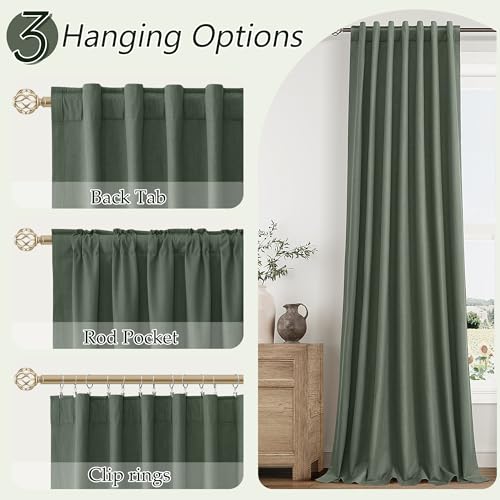 Olive Green 100% Blackout Curtains 96 Inch Length 2 Panels Set for Living Room Bedroom Back Tab Thermal Insulated Black Out Linen Drapes Room Darkening Window Curtains 96 Inches Long (Olive Green / 52"W x 96"L (Pack of 2))