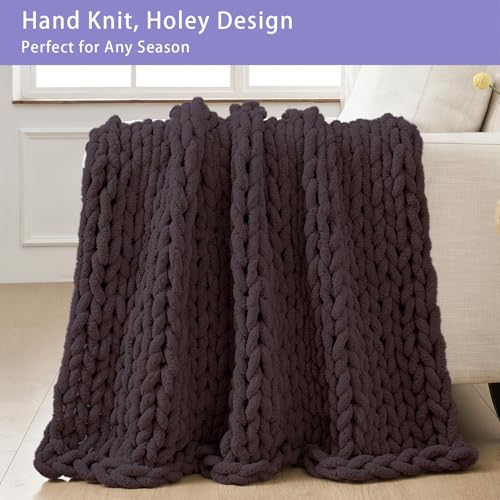 Chunky Knit Throw Blanket for Couch (Chocolate With Purple Tone / 40"x40" (Small Size Throw）)