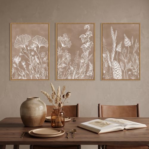 Vintage Brown Neutral Floral Framed Canvas Wall Art Set (Vintage Brown Floral Wall Art / 24"Lx36"W)