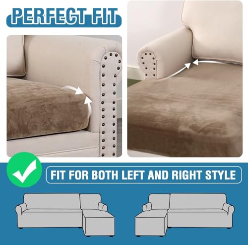 Velvet Stretch Sectional Couch Cover (Camel / 3 Seater + Chaise)