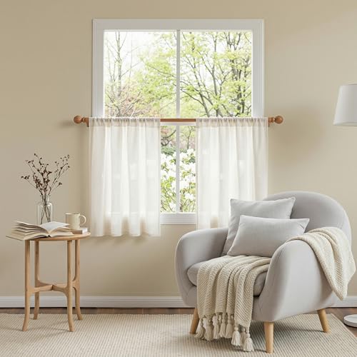 Semi Sheer Natural Linen Curtains 36 Inch Length (34"W x 36"L (Pack of 2) / Beige White)