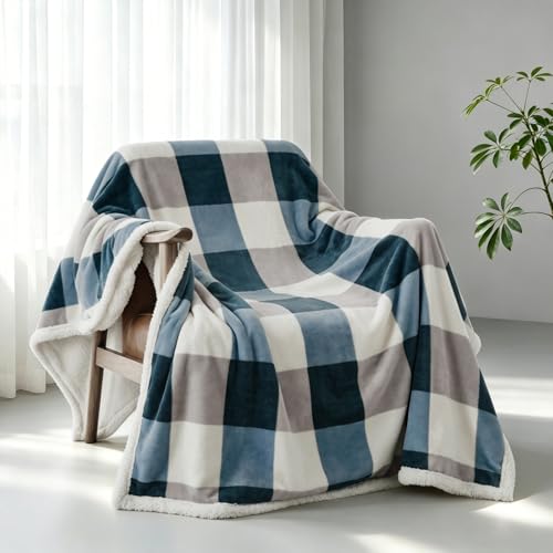 Sherpa Fleece Throw Blanket 60" x 80" Reversible Plush Fluffy Large Big Blanket Lattice Flannel Blankets for Sofa Couch Bed (Grey-blue / 60"*80")