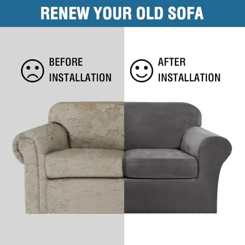 High Stretch Sofa Slipcover 4 Piece Cover Velvet Furniture Protector Form Fit Thick Velvet Extra Large Sofa Cover for 3 Cushion Couch Width Up to 97 Inch (3 Cushion Large Sofa / Grey)