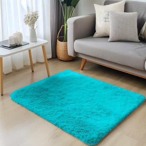 2x3 Machine Washable Small Bedside Rug (2x3 Ft / Teal Blue)