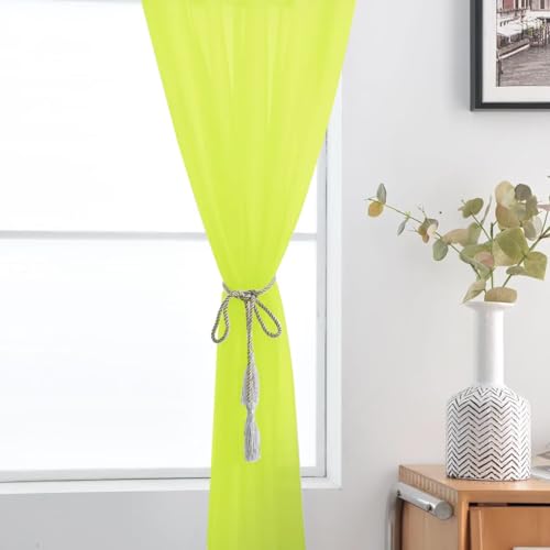 Basic Rod Pocket Sheer Voile Window Curtain Panels Chartreuse 1 Pair 2 Panels 52 Width 63 Inch Long for Kitchen Bedroom Children Living Room Yard（Chartreuse (Chartreuse / 52"W x 63"L (Pack of 2))