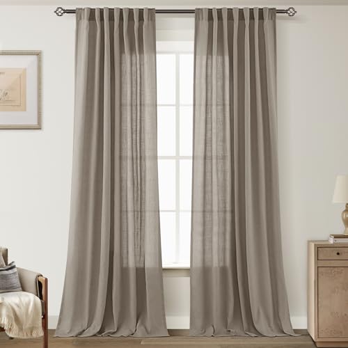 Taupe Linen Curtains 90 inches Long for Living Room Back Tab Rustic Farmhouse Semi Sheer Light Filtering Window Curtain Dining Room Soft Thick Flax Linen Textured Drapes Burlywood Birch Dark Brown (Taupe / 52"W x 90"L (Pack of 2))