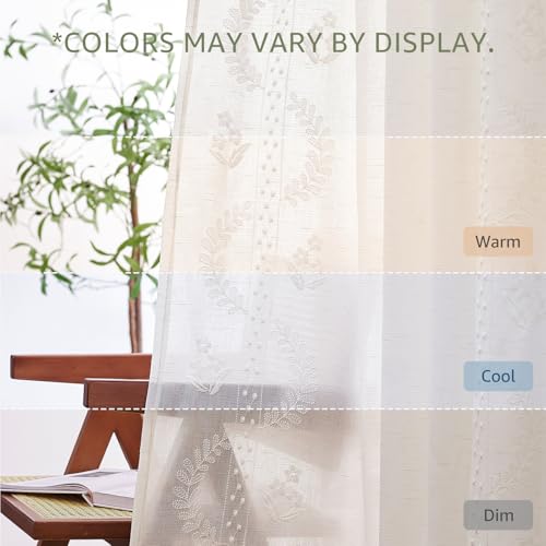 Floral Linen Curtains 63 Inch Farmhouse Back Tab 2 Panels (Off White / 50"W x 63"L (Pack of 2))