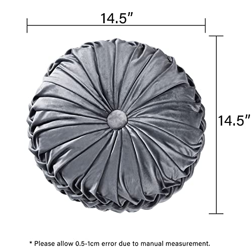 Set of 2 Dark Gray Velvet Decorative Round Pleated Throw Pillows (Dark Gray)