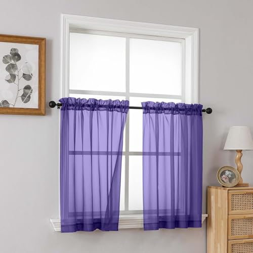 Purple Small Sheer Curtains Tier 24 Inches Length 2 Pieces (42"W x 24"L (Pack of 2) / Purple)