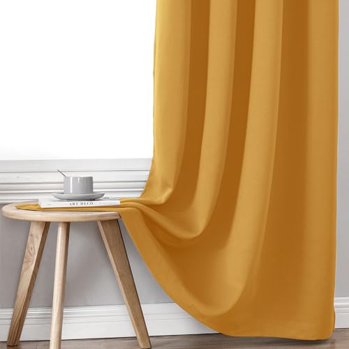 100% Blackout Curtains for Bedroom 2 Panels Set with Black Liner (52"W x 45"L (Pack of 2) / Mustard Yellow)