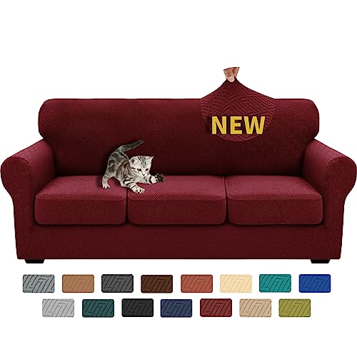 4 Piece Stretch Sofa Cover (71"-91"(3 Cushions) / Wine Red)