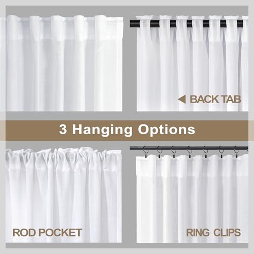 White Linen Sheer Drape 104 Inch Curtains for Living Room Custom Curtains 2 Panels Set Back Tab Pleated Modern Farmhouse Light Filtering Ceiling to Floor for Large Window 52 x 104 Long Curtain (52"W x 104"L (Pack of 2) / Pure White)