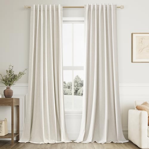 100% Blackout Linen Curtains 100 Inch Long for Bedroom 2 Panels Cream (Cream / 52"W x 100"L (Pack of 2))