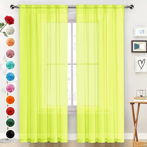 Basic Rod Pocket Sheer Voile Window Curtain Panels Chartreuse 1 Pair 2 Panels 52 Width 90 Inch Long for Kitchen Bedroom Children Living Room Yard（Chartreuse (Chartreuse / 52"W x 90"L (Pack of 2))