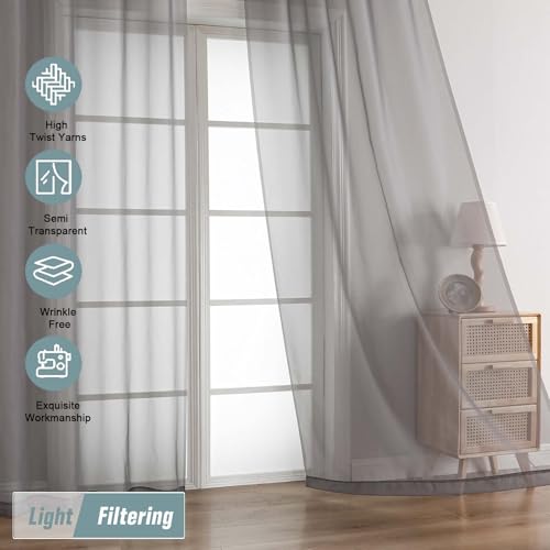 Grey Sheer Curtains 90 Inches Long 2 Panels (42"W x 90"L (Pack of 2) / Charcoal Grey)