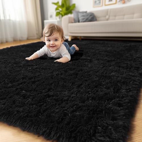 Black Shag Kids Area Rug 5x8 for Boys Bedroom Living Room Playroom (Black / 5' x 8' (Rectangular))
