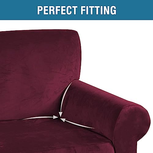Stretch Velvet Sofa Covers Large Couch Covers Sofa Slipcovers Furniture Protector Soft with Non Slip Elastic Bottom (Wine/Burgundy / XL Sofa)