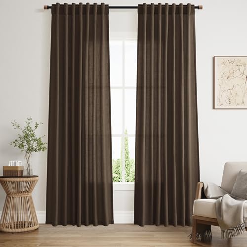 Chocolate Linen Curtains 84 Inch Length 2 Panels Set for Living Room Back Tab Light Filtering Semi Sheer Curtain for Bedroom Farmhouse Drapes (52"W x 84"L (Pack of 2) / Chocolate)