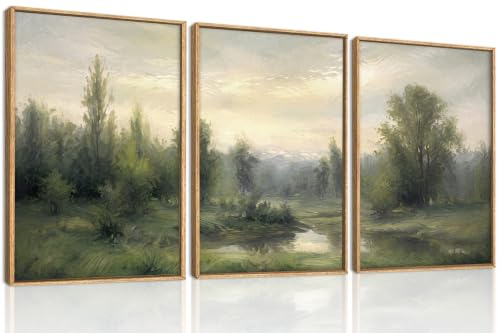 Abstract Monet Forest Canvas Wall Art 24x36 Inch Framed Sage Green Nature Painting Textured Neutral Woodland Landscape Artwork Prints Set of 3 Impressionist Pine Tree River Print for Living Room Bedroom Office (Abstract Monet Forest / 36"L x 24"W)