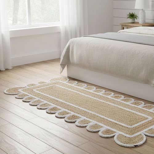 Jute Runner Rug 2x6 Ft with Scalloped Border (Off White / 2' x 6' (Rectangular))