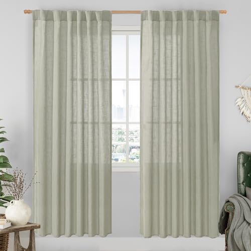 Sage Grey Linen Boho Semi Sheer Curtains 80 inch Length 2 Panels (Sage Grey / 52"W x 80"L (Pack of 2))