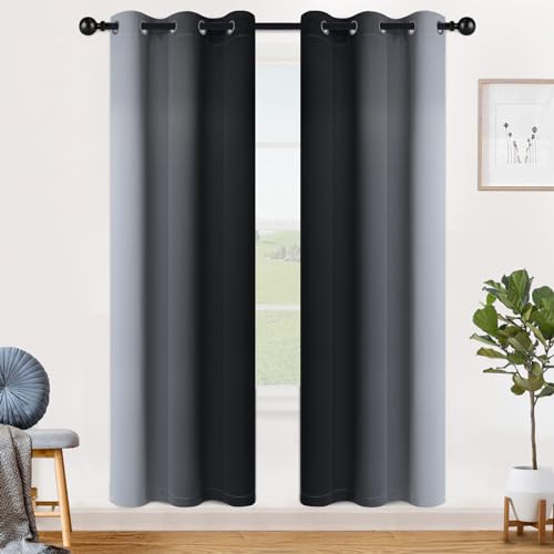 Ombre Black to Grey White Curtains for Living Room 42Wx72L (42"W x 72"L (Pack of 2) / Black)