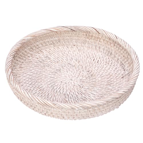 Key Basket Bowl for Entryway 10" Round Woven Wicker Serving Tray (Medium, 9.9" / Whitewash)