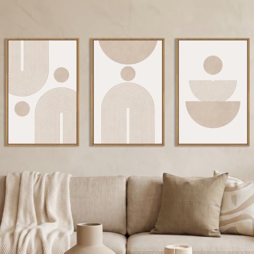 Large Boho Neutral Beige Framed Canvas Wall Art Set (Boho Beige Arch Wall Art / 24"Lx36"W)