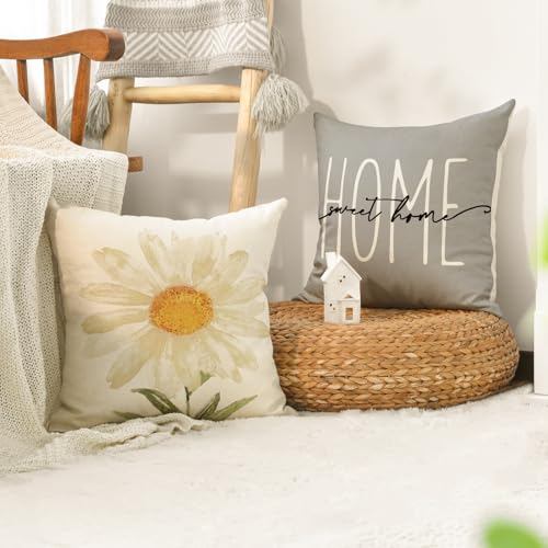 Home Sweet Home Spring Summer Flowers Throw Pillow Covers (Grey / 18" x 18" (Pack of 4))