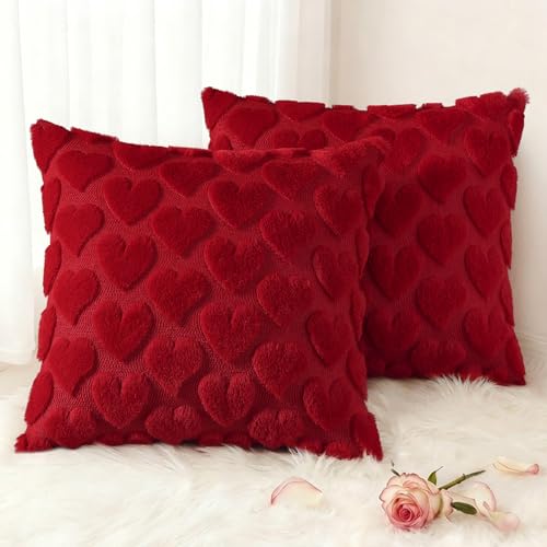 Red Heart Cute Girl Faux Fur Throw Pillow Covers 20x20 Set of 2 (Red Heart / 20" x 20" (Pack of 2))