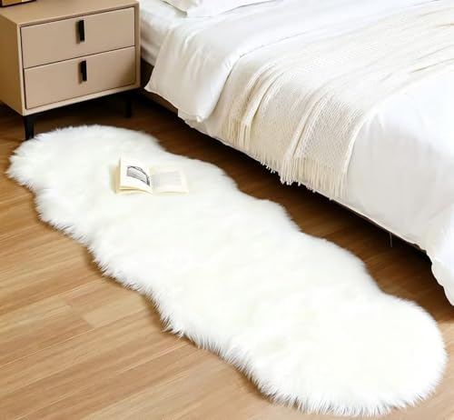 Faux Fur Sheepskin Runner Rug White 2x6 ft Ultra Soft Shaggy Plush Fluffy Fuzzy Area Carpet Decorative Chair Cover Floor Mat for Bedroom Sofa Living Room Bedside (White / 2' x 6' (Runner))