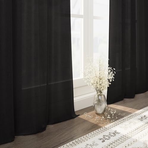 Vintage Black Linen Curtains 63 Inch Length for Living Room Light Filtering Semi Sheer Curtain Back Tab and Rod Pocket Privacy Luxury Gothic Vintage Decor Drapes for Bedroom Office 52x63 (52"W x 63"L (Pack of 2) / Vintage Black)