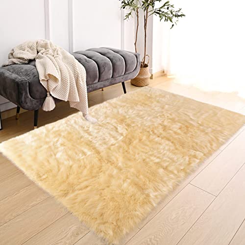3x4 Rugs Yellow Fur Rug Washable Faux Sheepskin Rug Shag Fluffy Rugs for Bedroom Cute Room Décor (3' x 4' (Rectangular) / Light Yellow)