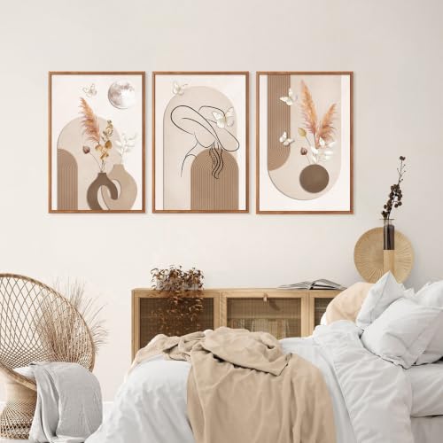 Boho Neutral Framed Wall Art Beige Minimalist Line Art Woman Artwork (Beige / 24"L x 36"W)