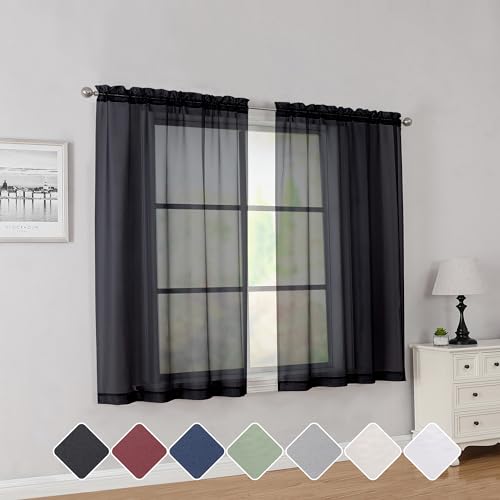 Black Short Sheer Curtains 45 Inch Length for Small Windows (Black / 42"W x 45"L (Pack of 2))