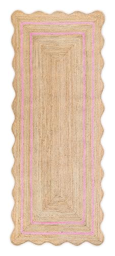 Wave Scalloped Natural Jute Rug Boho Jute Rug Entryway Runner Rug Farmhouse Scallop Rug (Light Pink / 2'6"x12' (Runner))