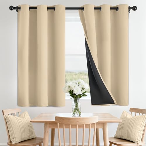 Beige 100% Blackout Curtains Room Darkening Living Room 36 Inch (Beige / 42"W x 36"L (Pack of 2))