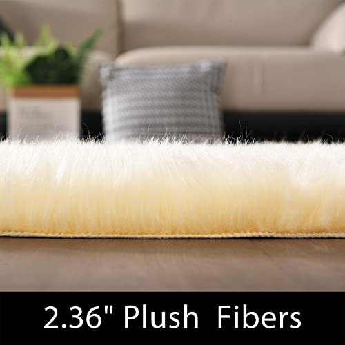 Yellow Rug for Bedroom Runner 2x5 Washable Faux Sheepskin Fur Rug Fluffy Shag Rugs for Chair Cushions Luxury Room Décor (2' x 5' (Runner) / Light Yellow)