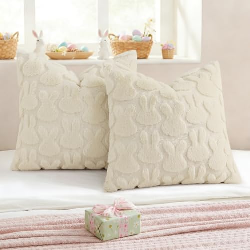 Beige Faux Fur Bunny Throw Pillow Covers 18x18 Set of 2 (18" x 18" (Pack of 2) / Rabbits Beige)