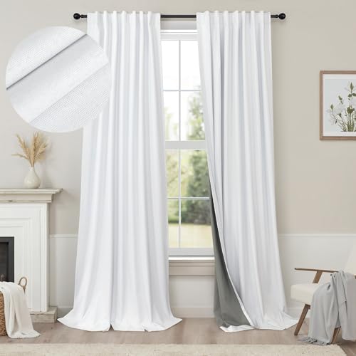 100% Blackout Curtains for Bedroom White 100 Inch Length Living Room Black Out Shades Faux Linen Designer Custom Drapes for Windows Treatments Thermal Insulating 100 Inches Long 2 Panels 2Pcs (White / 52"W x 100"L (Pack of 2))