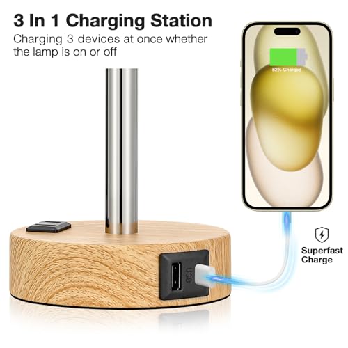 Bedside Table Lamp for Bedroom (Cream Shade-Wood Base / 14")