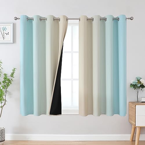 Aqua and Beige Ombre Blackout Curtains for Bedroom 45 Inch (Beige and Aqua / 52"W x 45"L (Pack of 2))