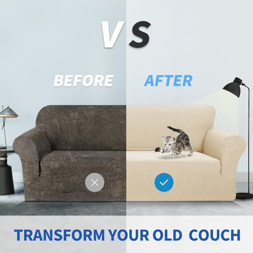 1 Piece Jacquard Couch Covers for 2 Cushion Couch High Stretch Loveseat Slipcover for Pets Dogs Anti Slip Love Seat Sofa Slipcover Furniture Protector (Medium (55"-69") / Light Beige)