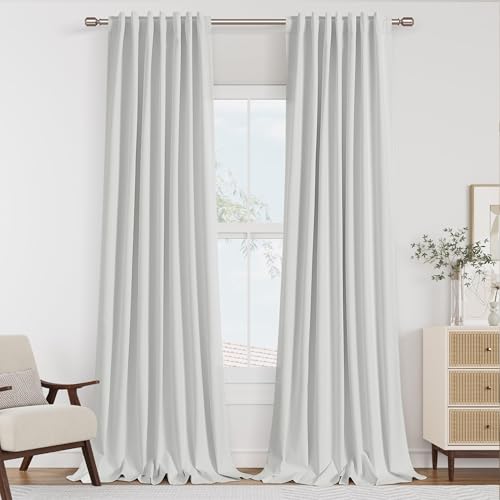 White 100% Blackout Linen Curtains 84 Inch Length 2 Panels Set for Living Room Bedroom Back Tab Thermal Insulated 100% Black Out Drapes Room Darkening Farmhouse Style for Bedroom Curtains 52x84 (White / 52"W x 84"L (Pack of 2))